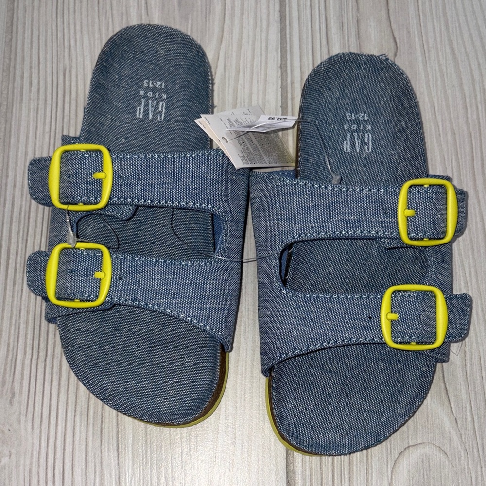 GAP Kids Denim Slide Sandals with Yellow Buckles